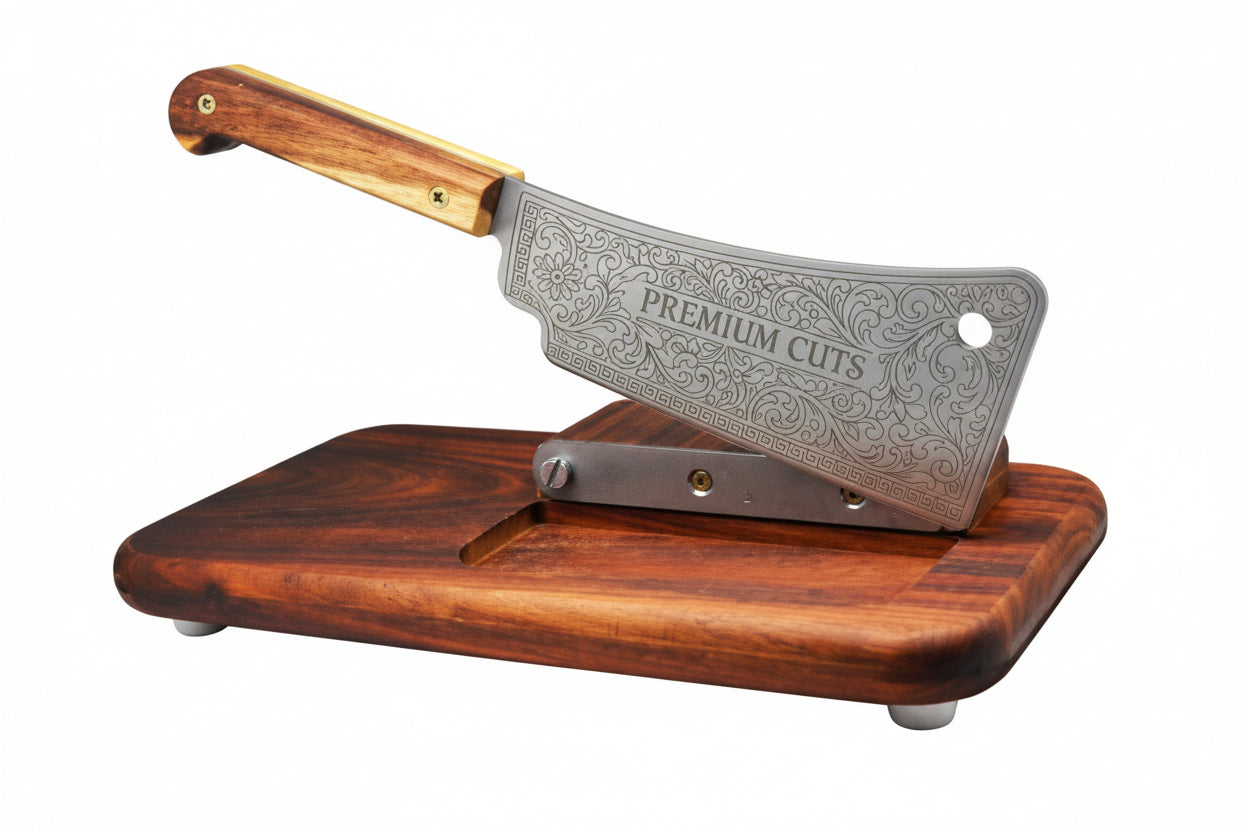 Custom Engraved Biltong Cutter Deluxe Kiaat Wood w/Cleaver Blade